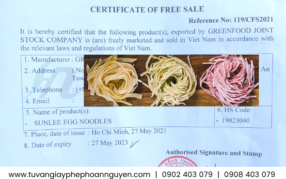 Giấy chứng nhận lưu hành tự do sản phẩm thực phẩm xuất khẩu Giấy chứng nhận lưu hành tự do sản phẩm thực phẩm xuất khẩu